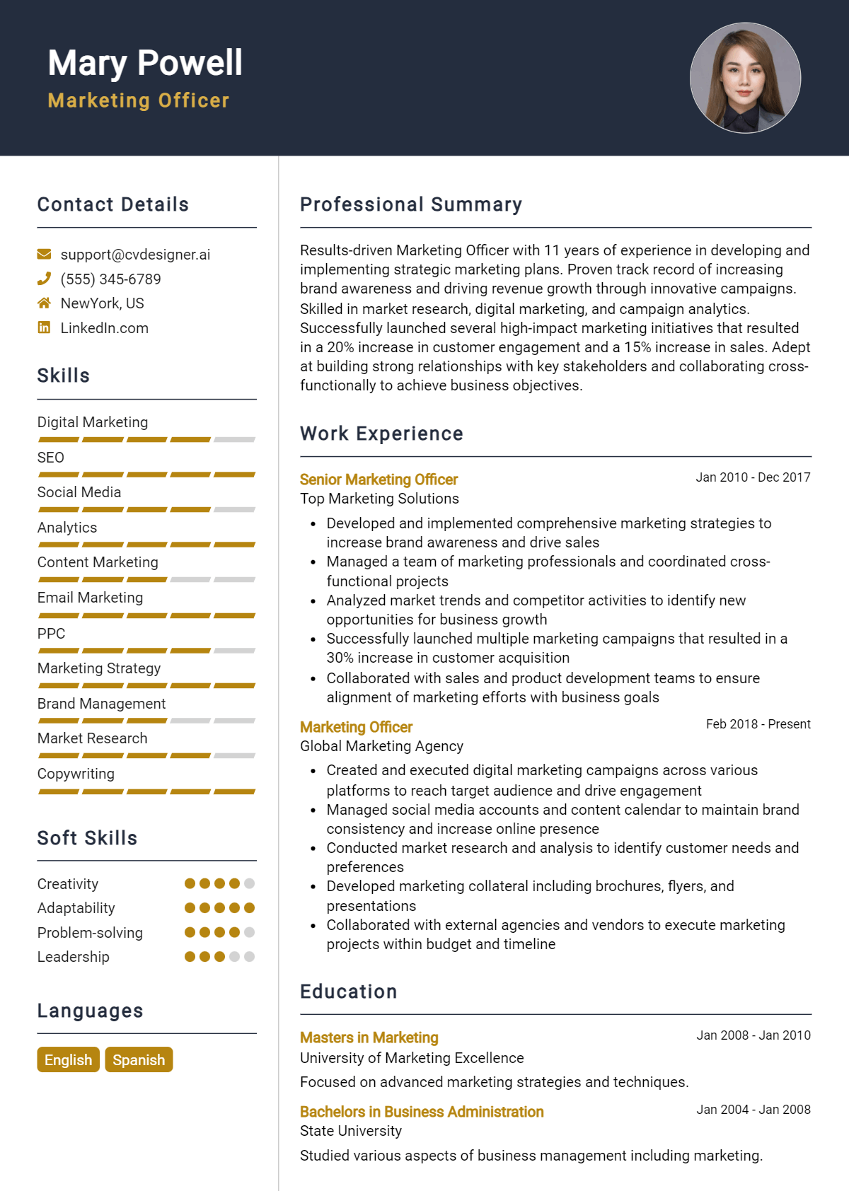 Marketing Officer Resume Example for 2026: Effective Tips Preview