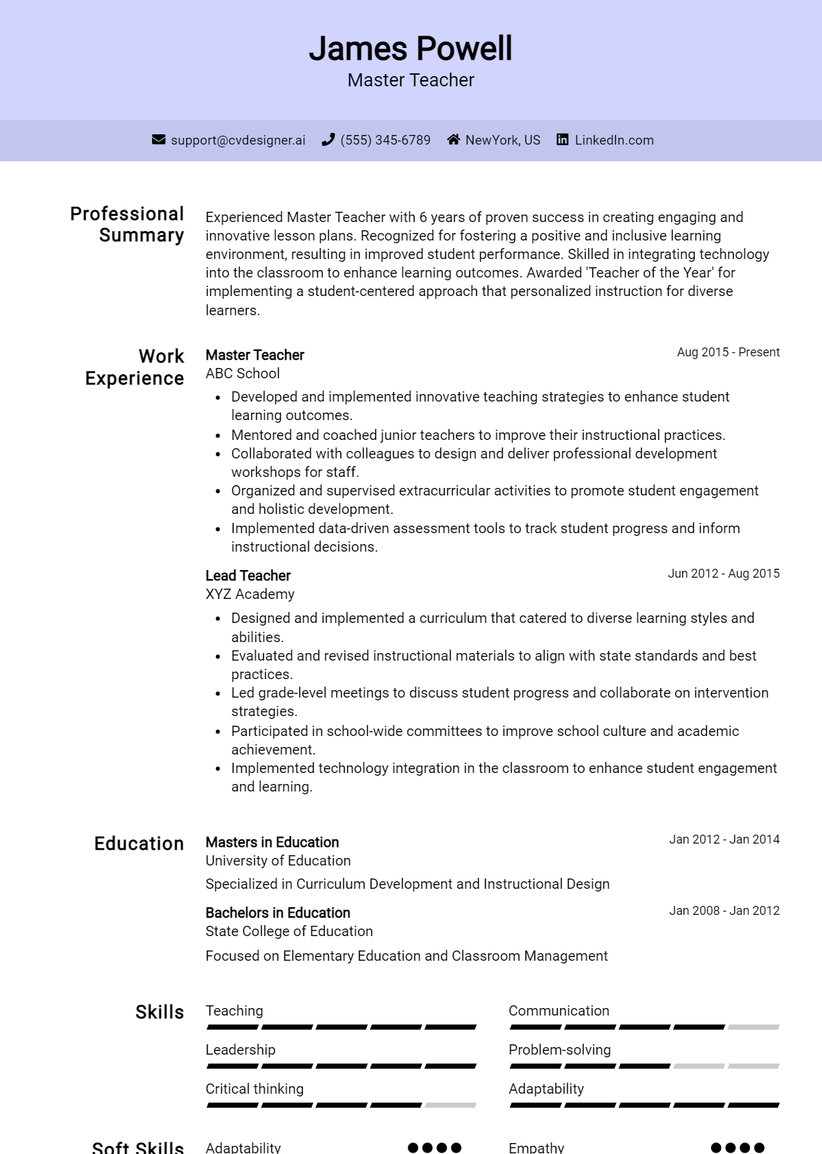 Master Teacher Resume Example for 2026: Top CV Skills Preview