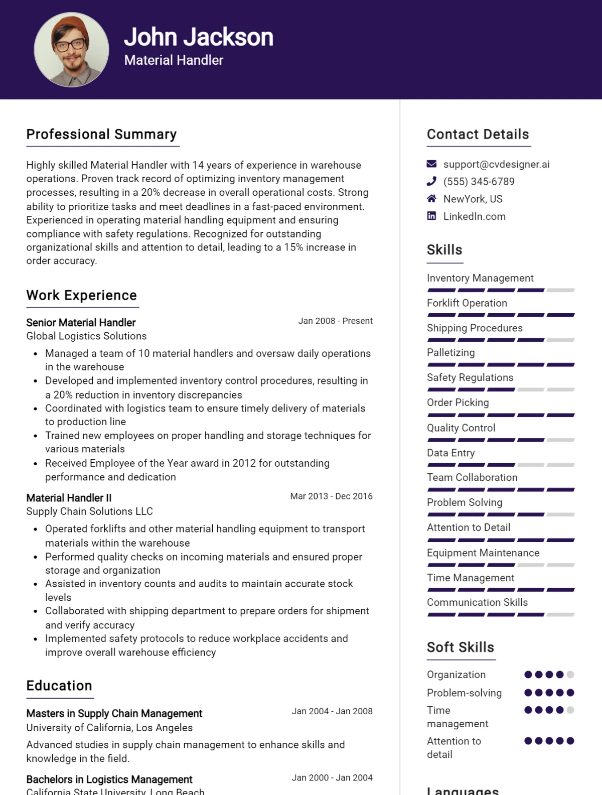 Material Handler CV Example For 2026: Top CV Skills Preview