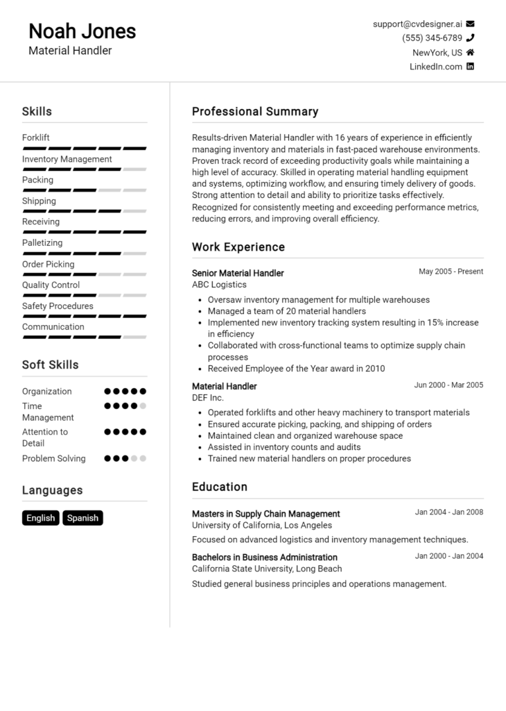 Material Handler Resume Example