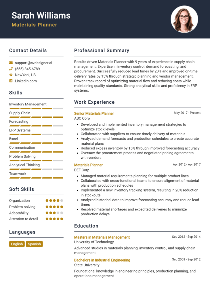 Materials Planner Resume Example