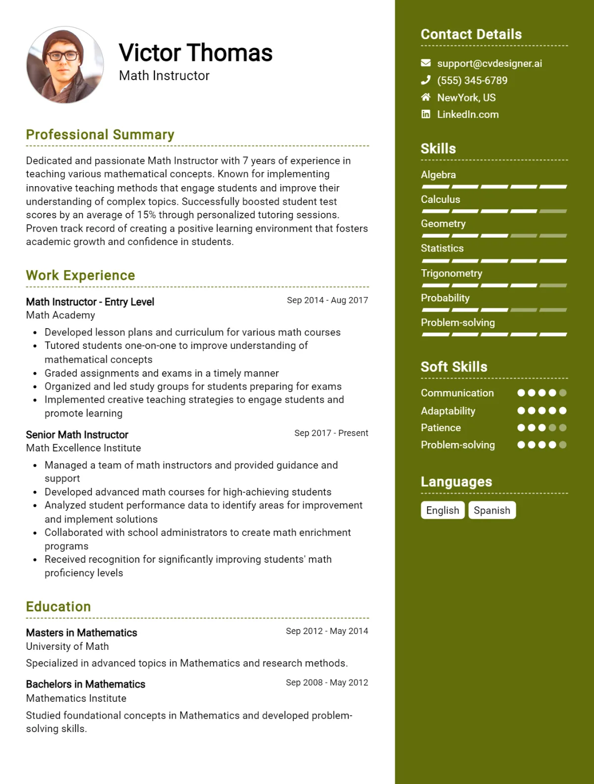 Math Instructor CV Example For 2026: Examples & Free Templates Preview