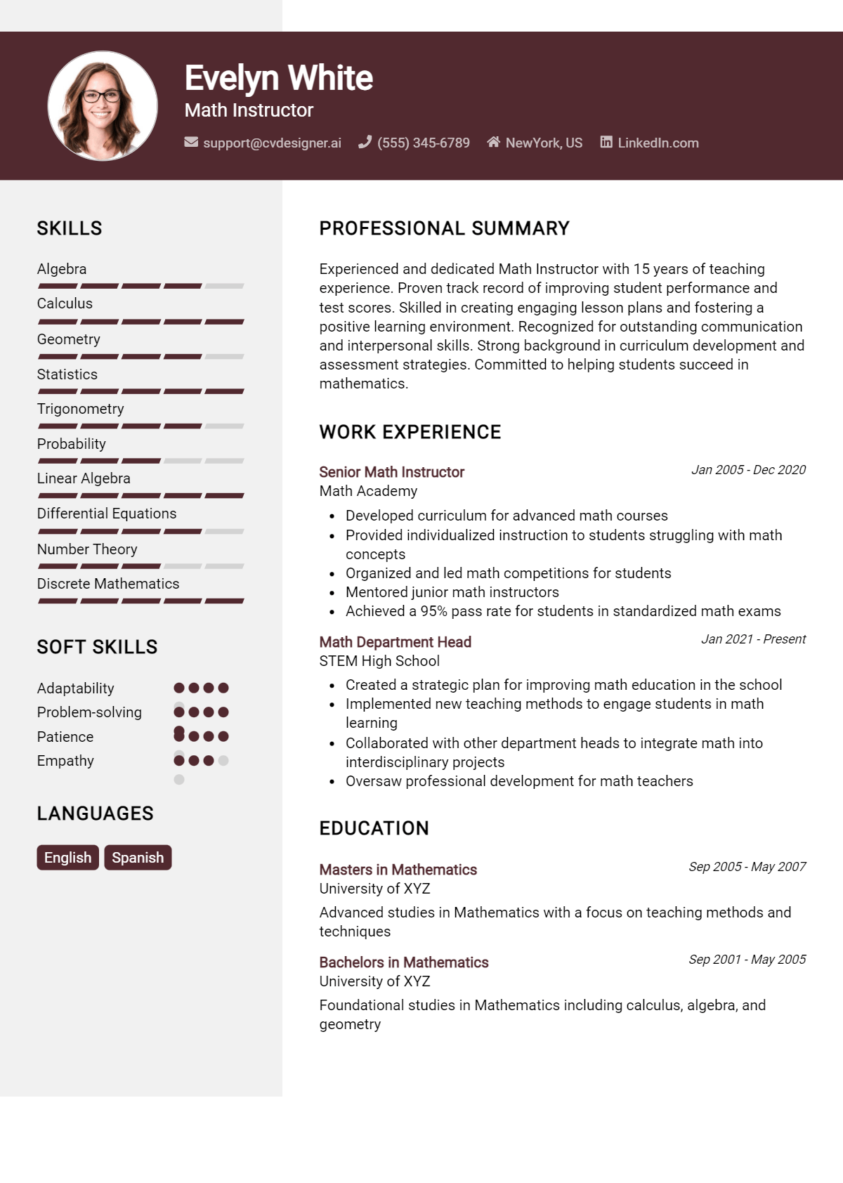 Math Instructor Resume Example for 2026: Free Professional Templates Preview