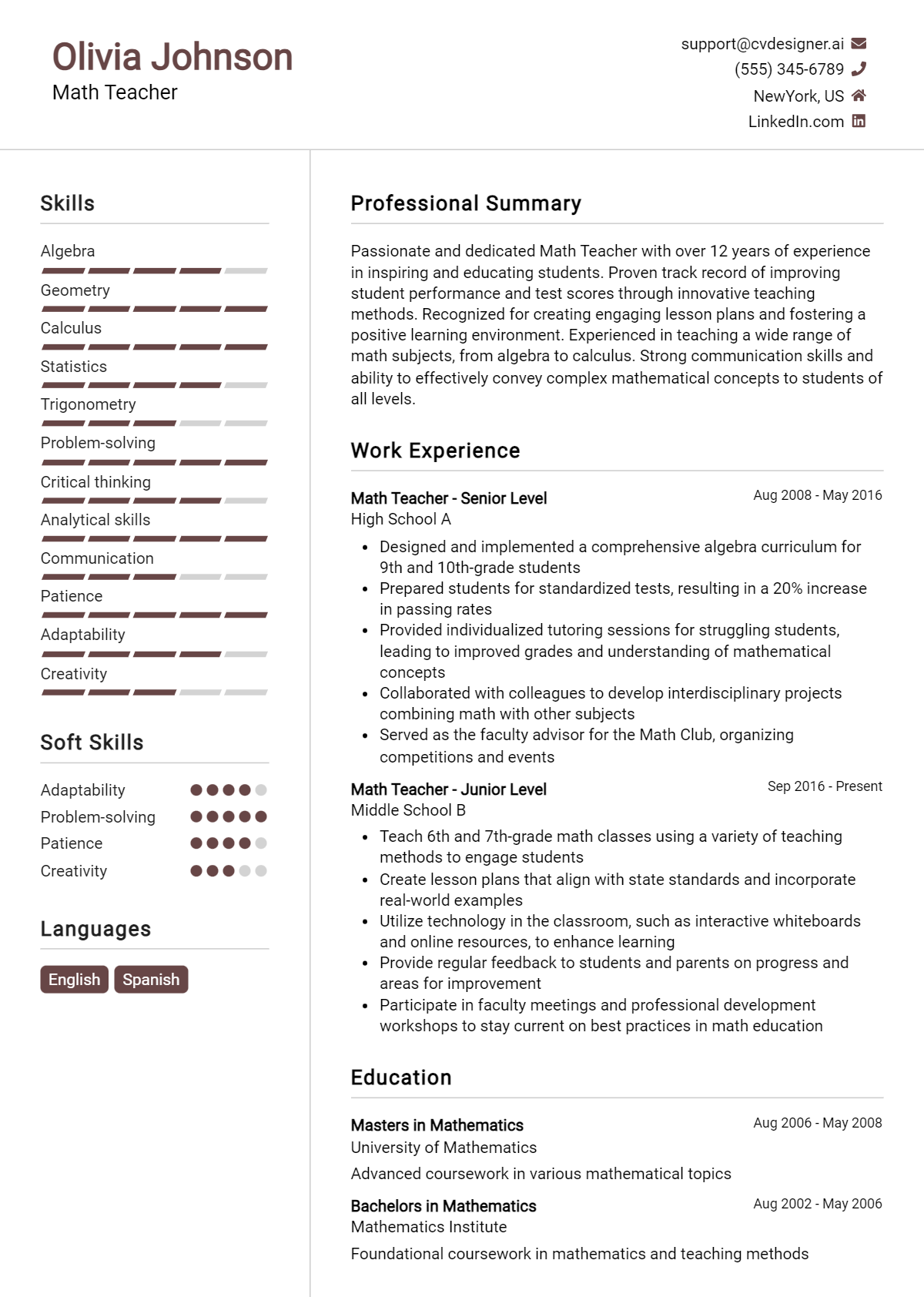 Math Teacher Resume Example for 2026: Proven Tips & Templates Preview
