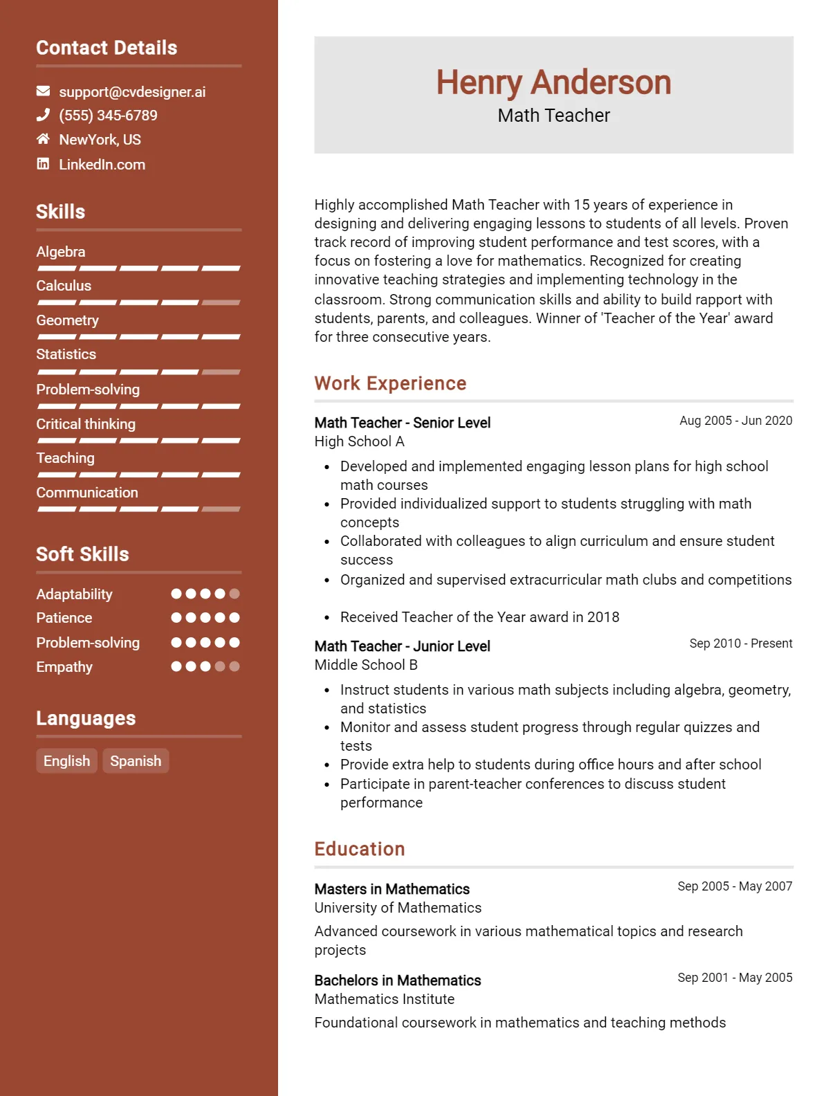 Math Teacher CV Example For 2026: Examples & Free Templates Preview