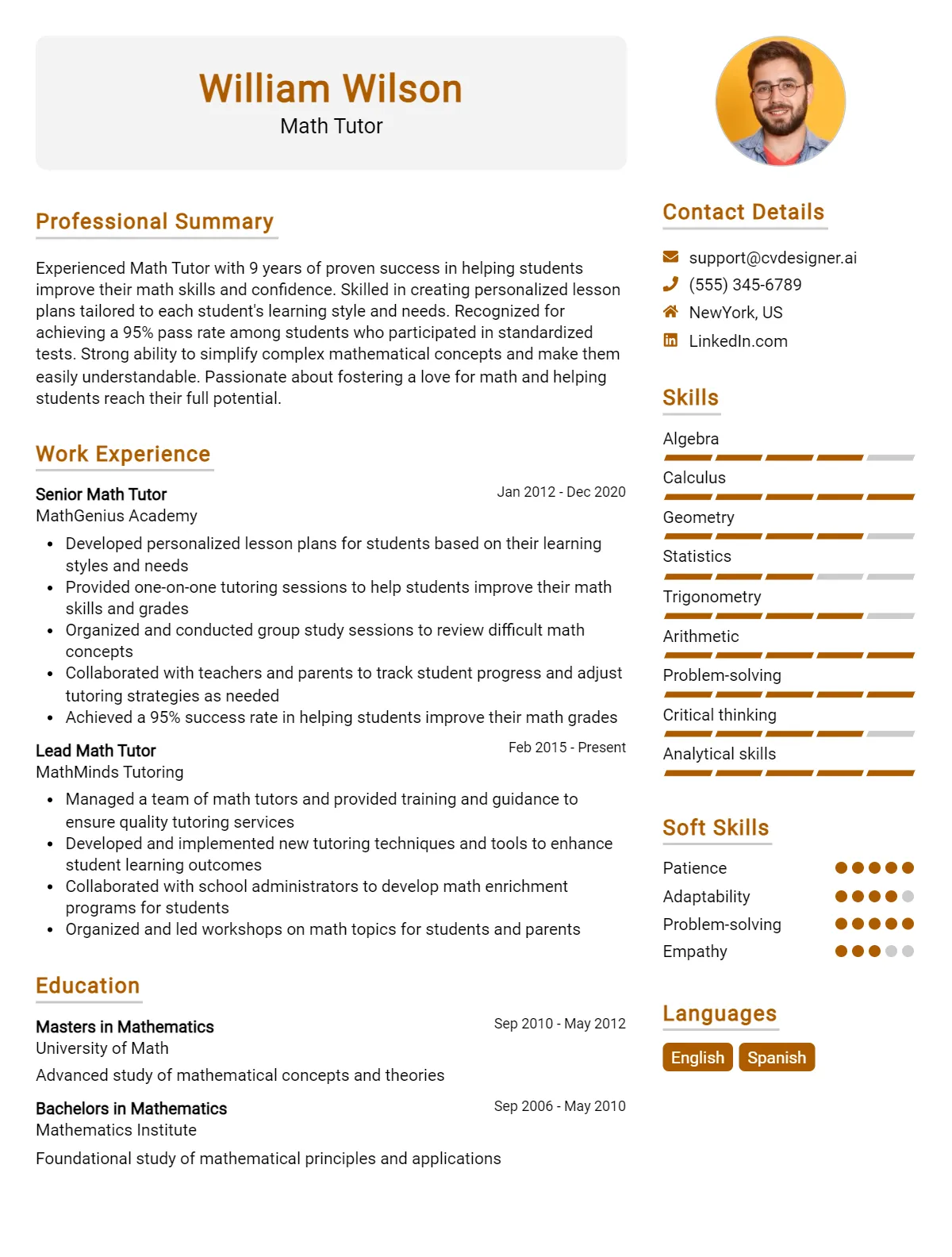 Math Tutor CV Example For 2026: Top CV Skills Preview