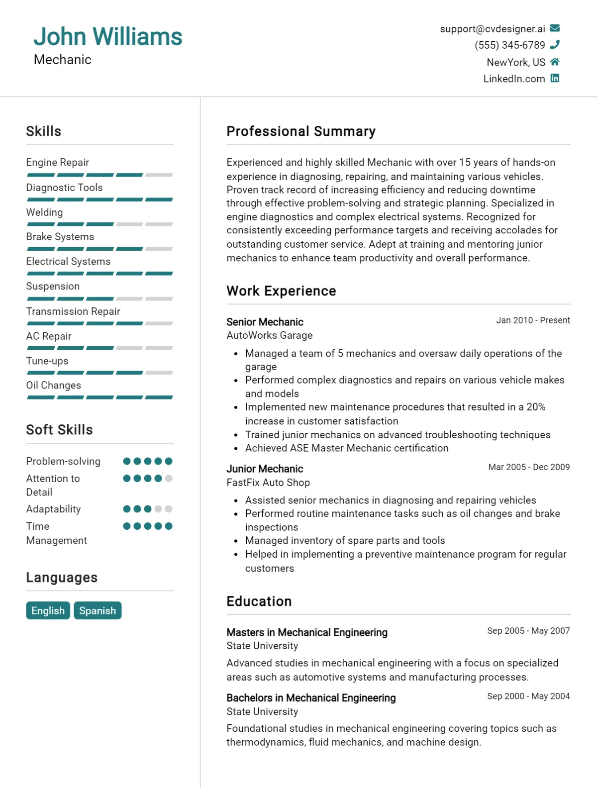 Mechanic CV Example For 2026: Best Writing Guide Preview