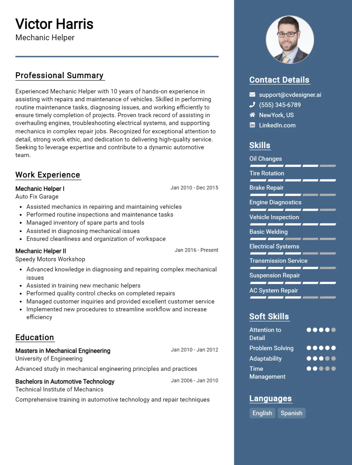 Mechanic Helper CV Example For 2026: Free Professional Templates Preview