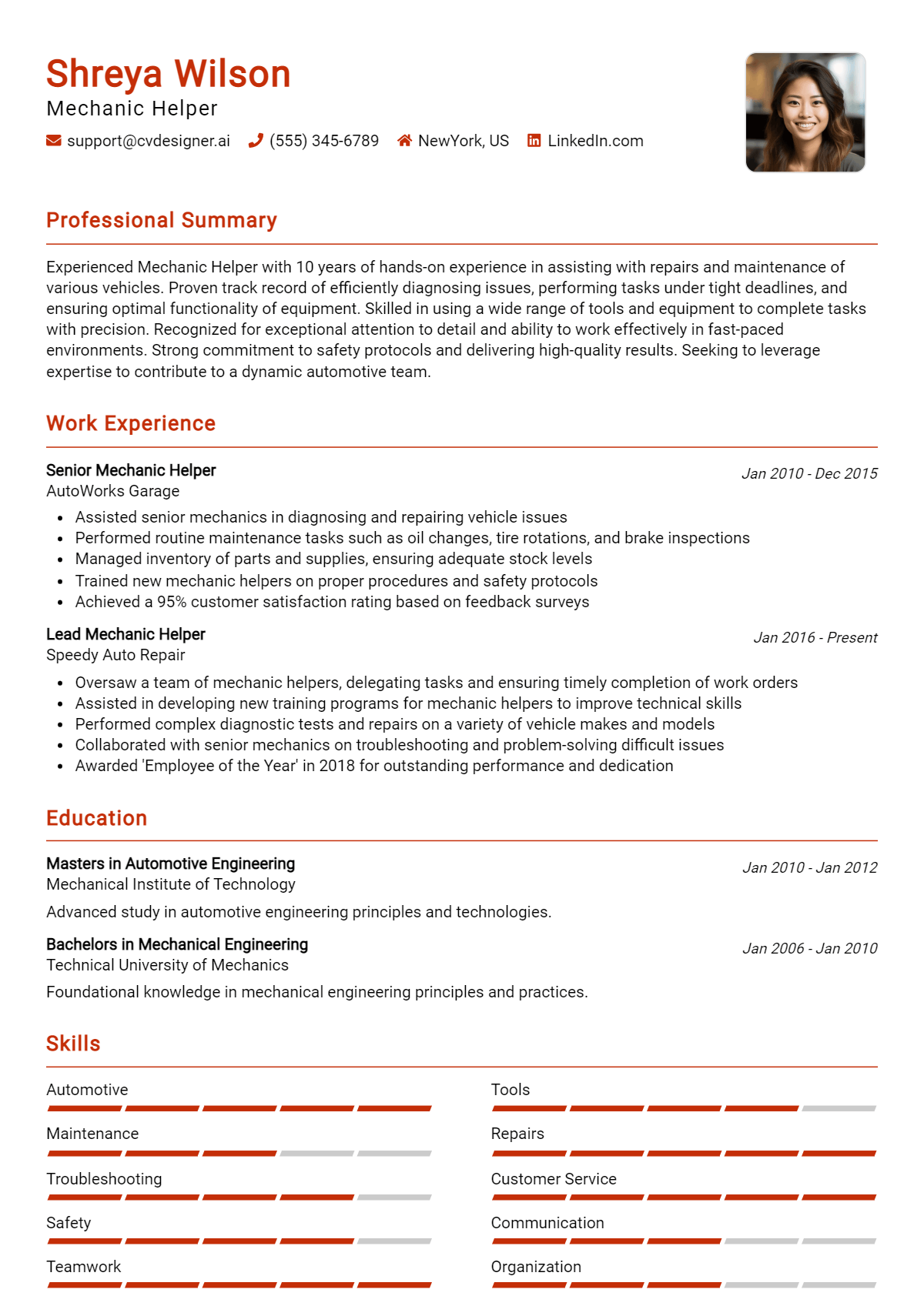 Mechanic Helper Resume Example for 2026: Examples & Free Templates Preview