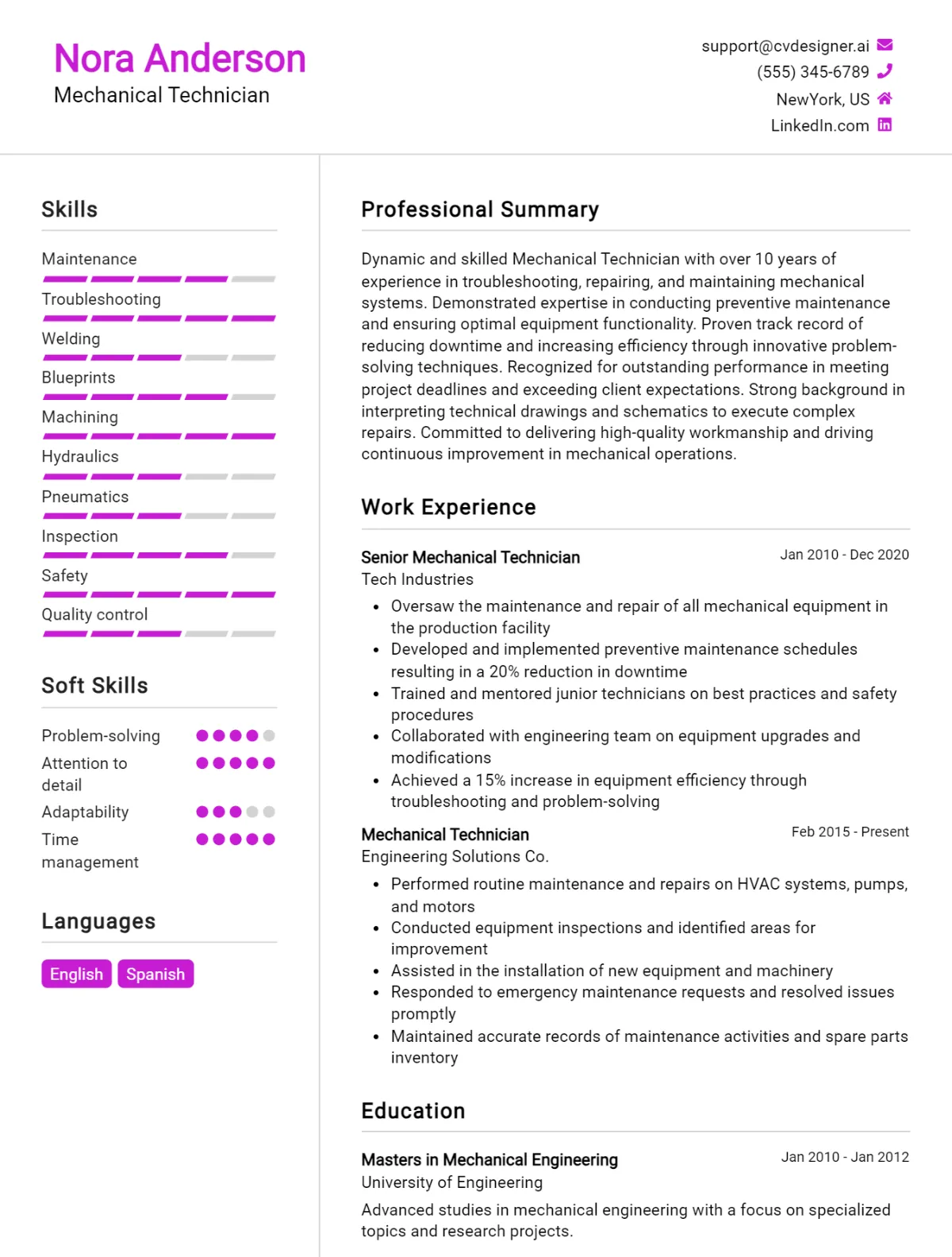 Mechanical Technician CV Example For 2026: Best Writing Guide Preview