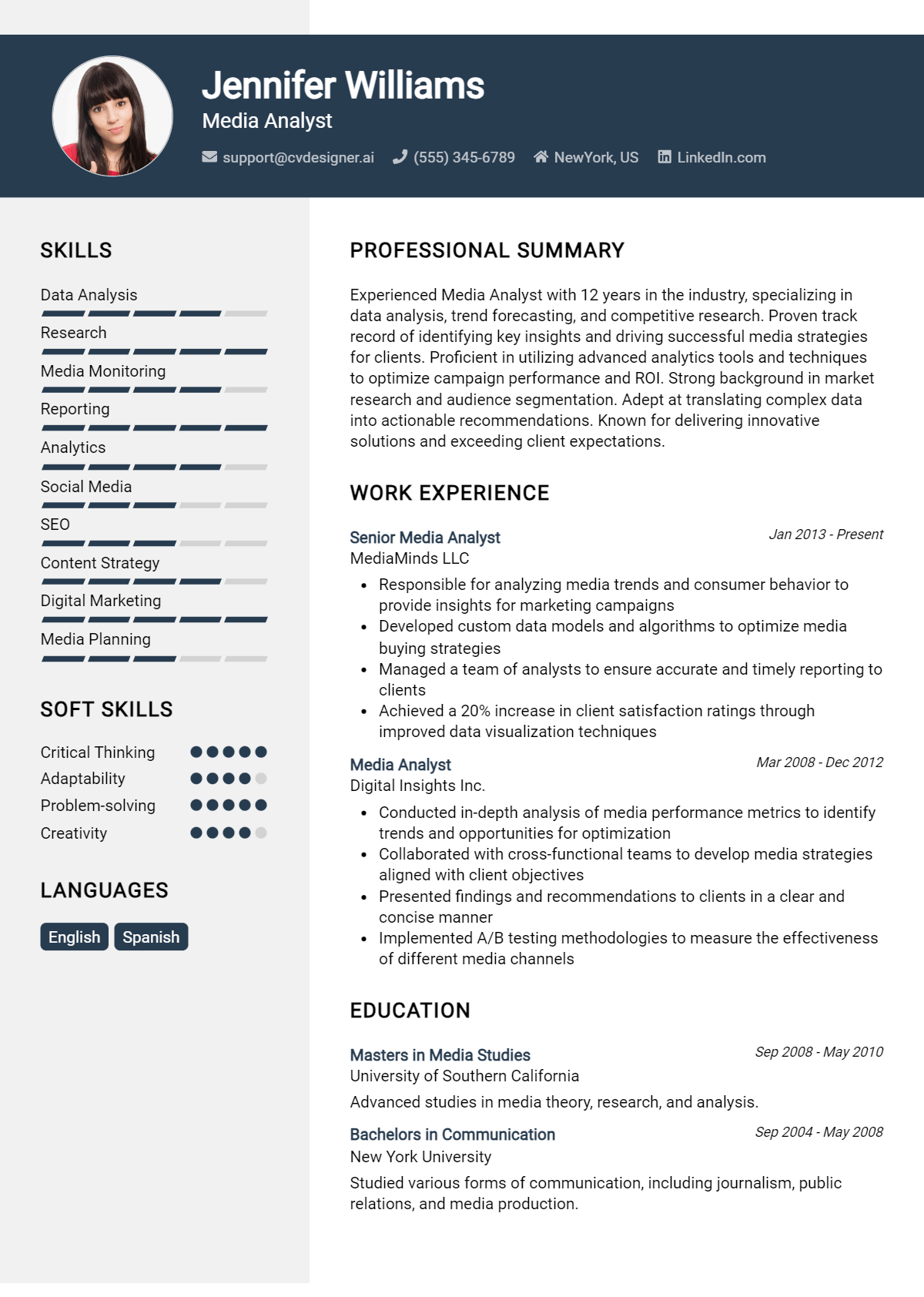 Media Analyst Resume Example for 2026: Best Writing Guide Preview