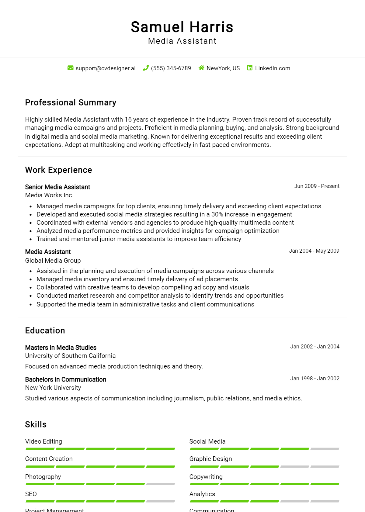 Media Assistant Resume Example for 2026: Free Examples Preview