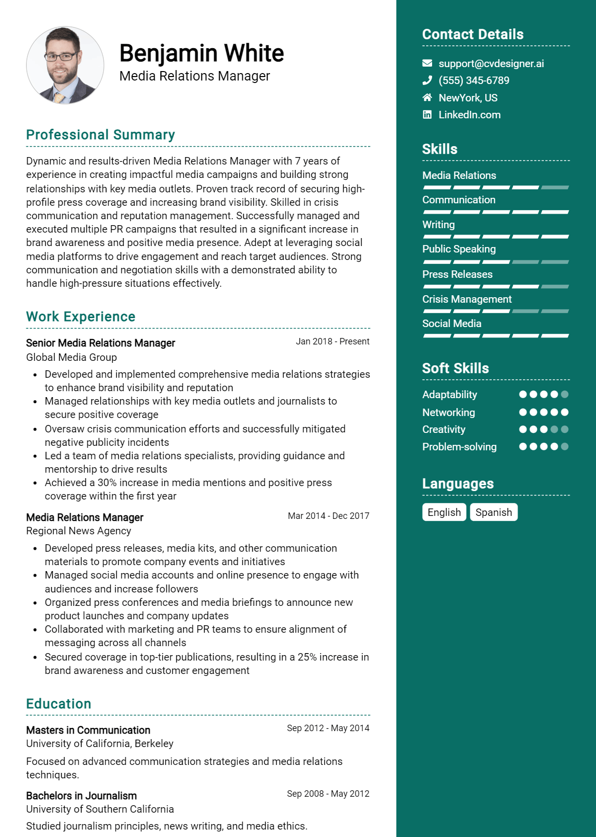 Media Relations Manager Resume Example for 2026: Downloadable Templates Preview
