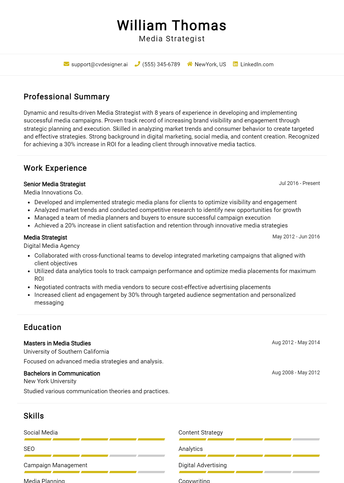 Media Strategist Resume Example for 2026: Tips to Stand Out Preview