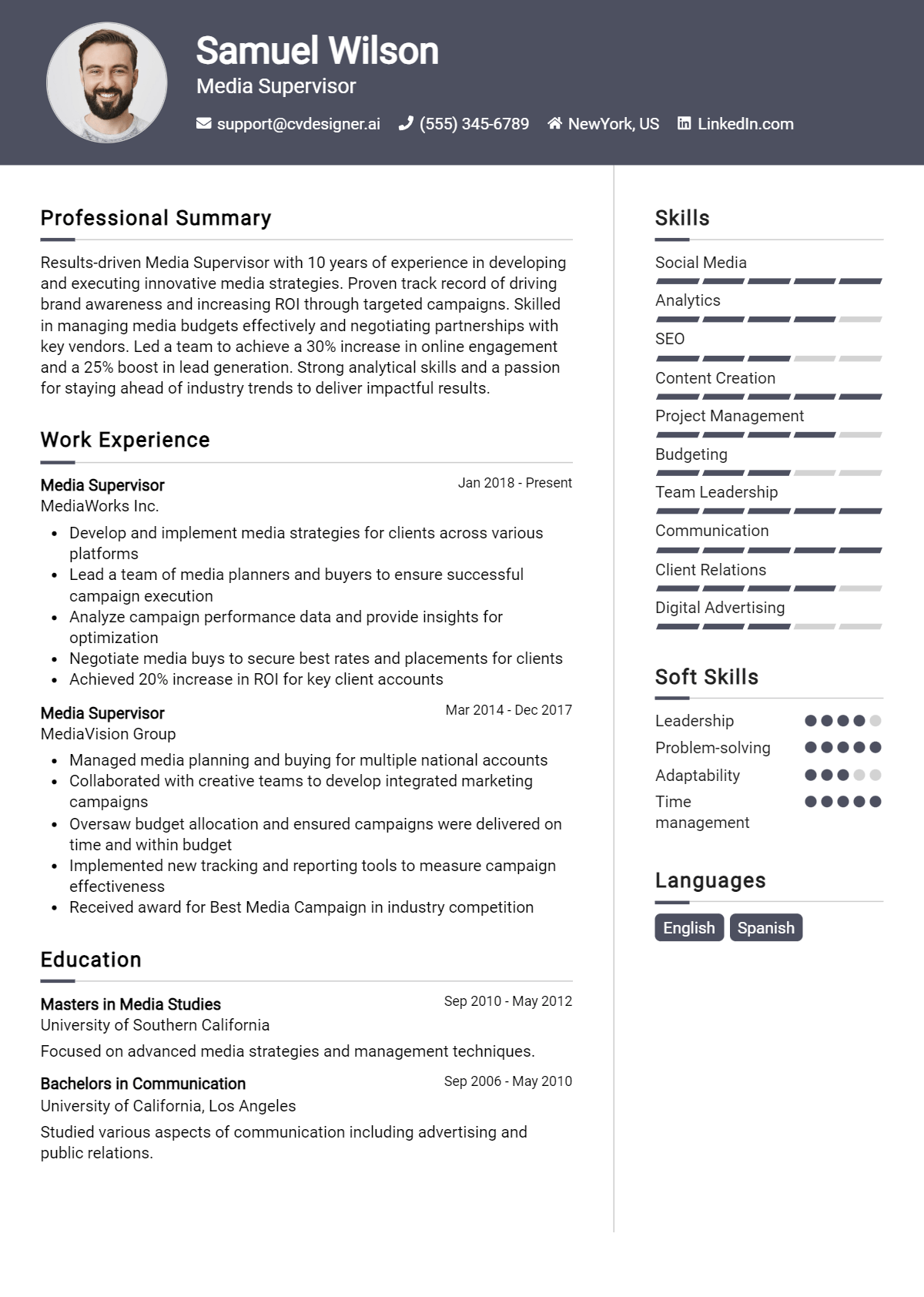 Media Supervisor Resume Example for 2026: Top Templates Preview