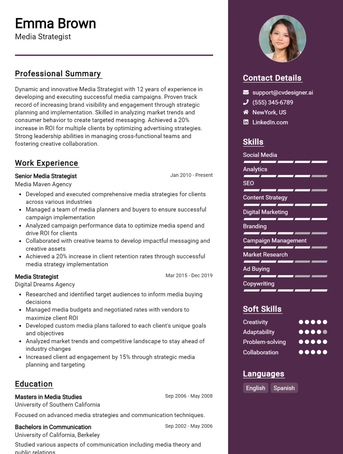 Media Strategist CV Example For 2026: Free Professional Templates Preview
