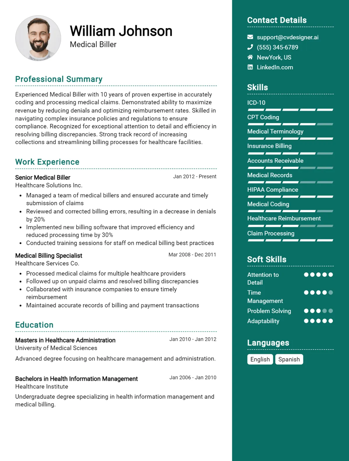 Medical Biller CV Example For 2026: Top CV Skills Preview
