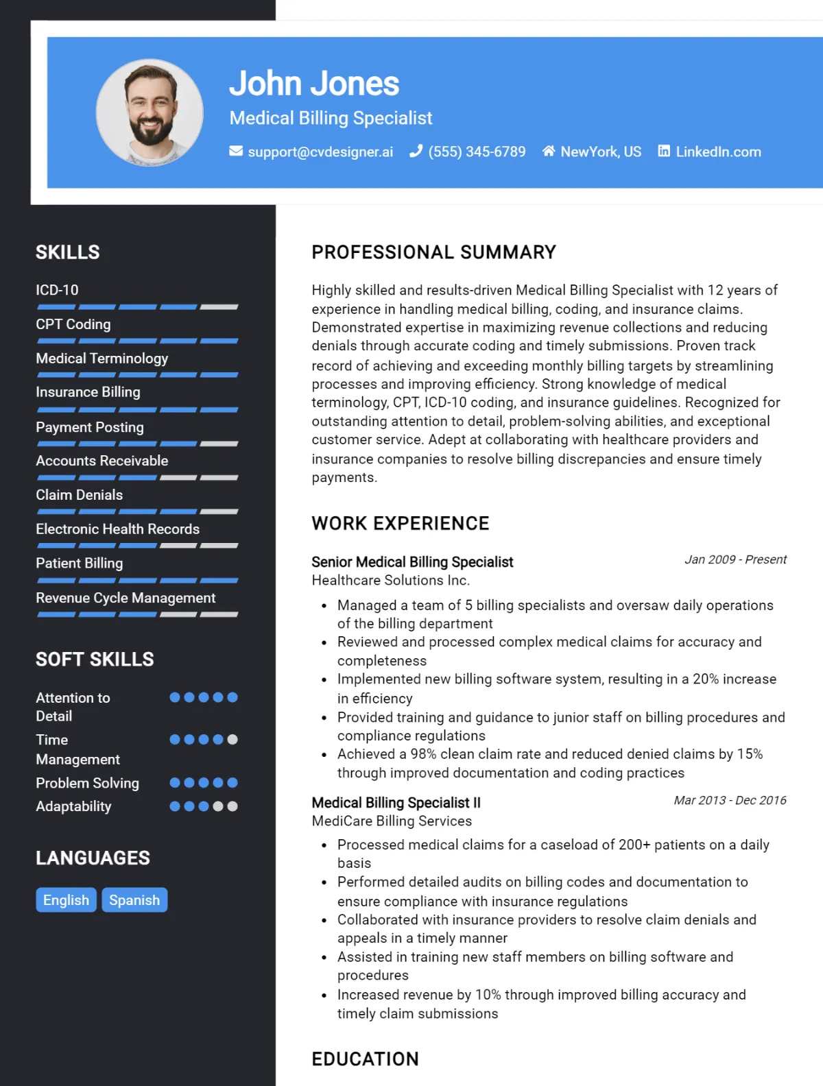 Medical Billing Specialist CV Example For 2026: Examples & Free Templates Preview