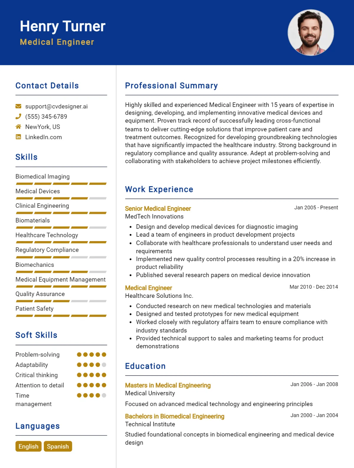 Medical Engineer CV Example For 2026: Free Professional Templates Preview
