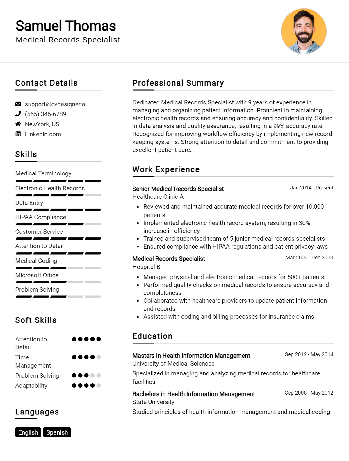 Medical Records Specialist CV Example For 2026: Top CV Skills Preview