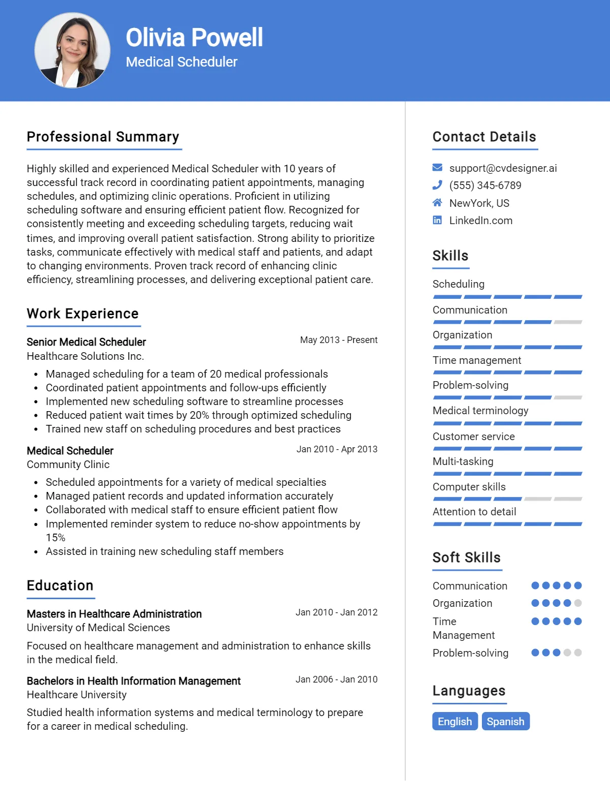 Medical Scheduler CV Example For 2026: Professional CV Templates Preview