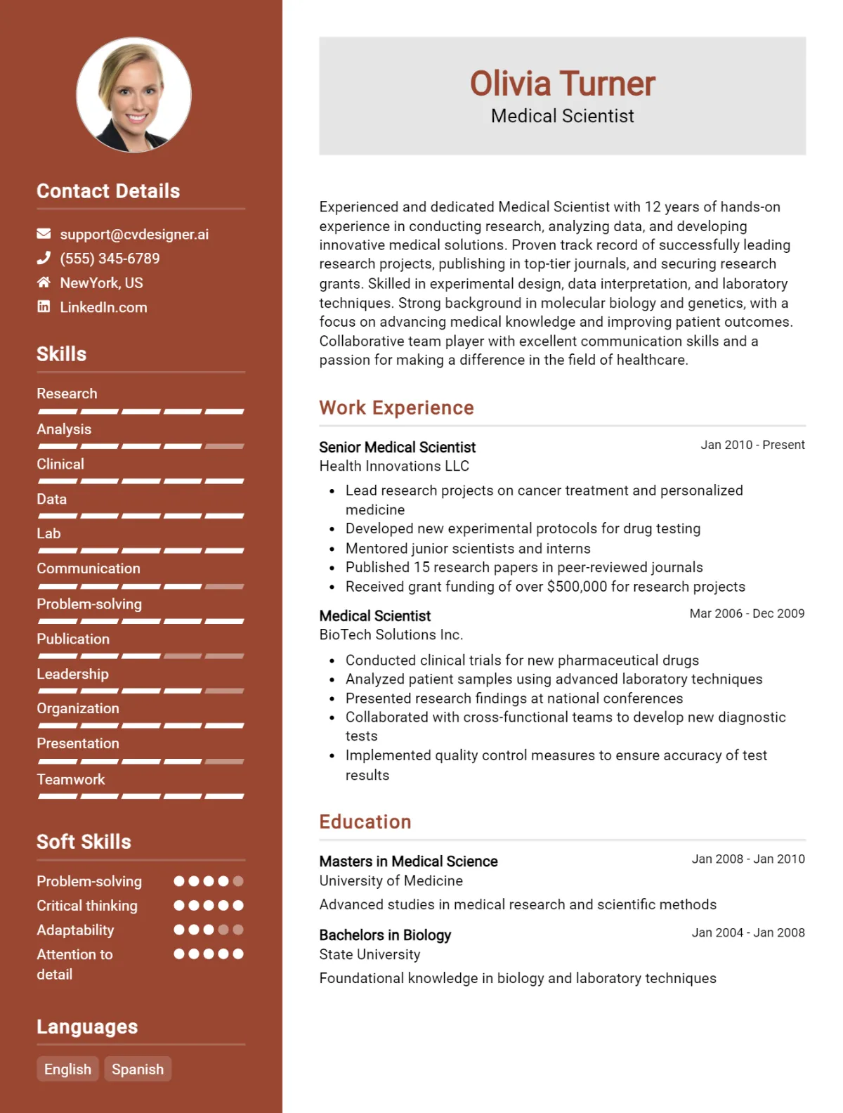 Medical Scientist CV Example For 2026: Professional CV Templates Preview