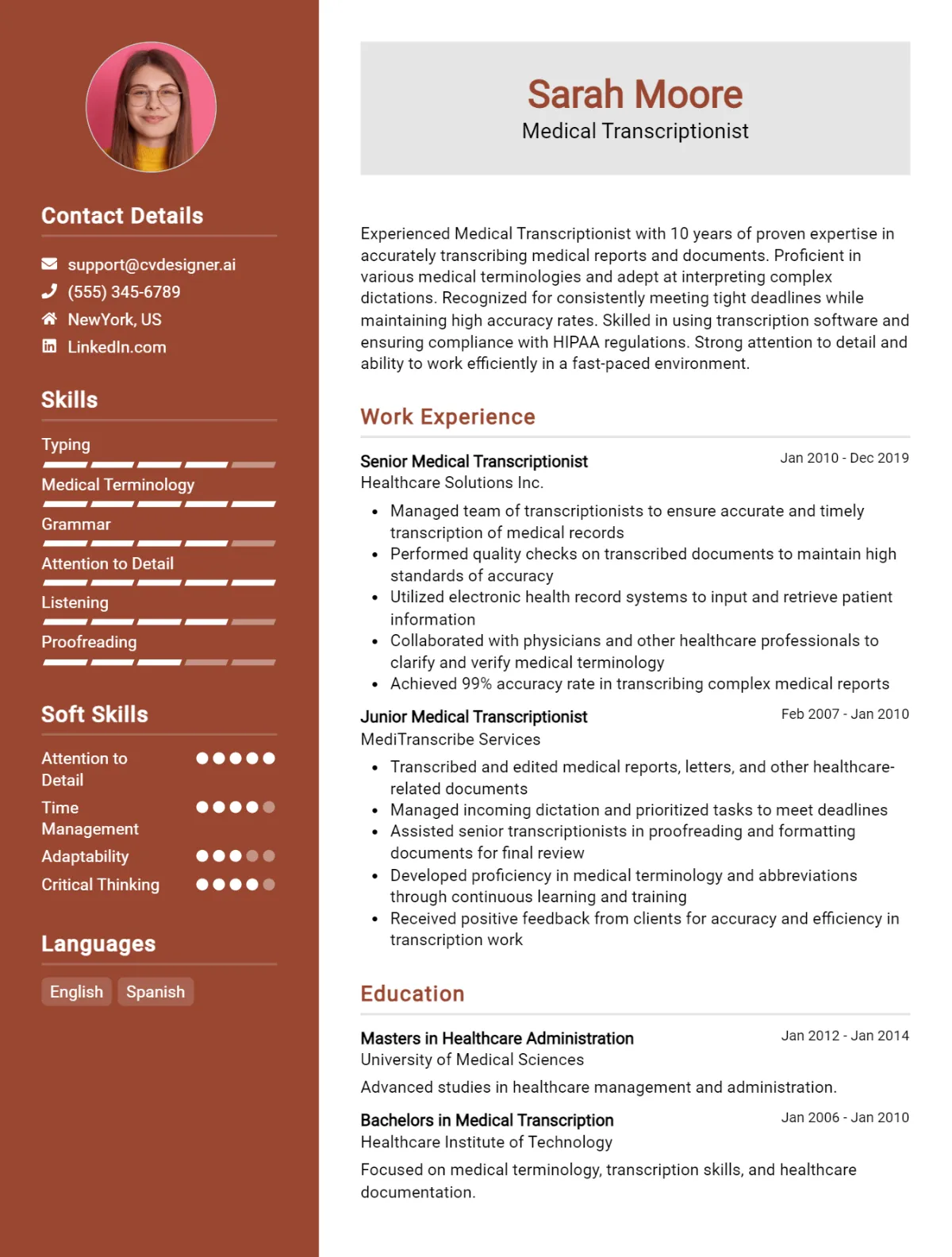 Medical Transcriptionist CV Example For 2026: Ultimate Guide Preview