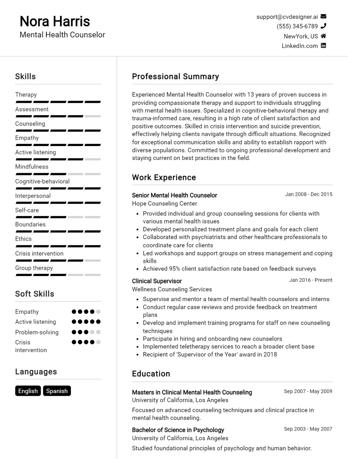 Mental Health Counselor CV Example For 2026: Free Downloadable Templates Preview
