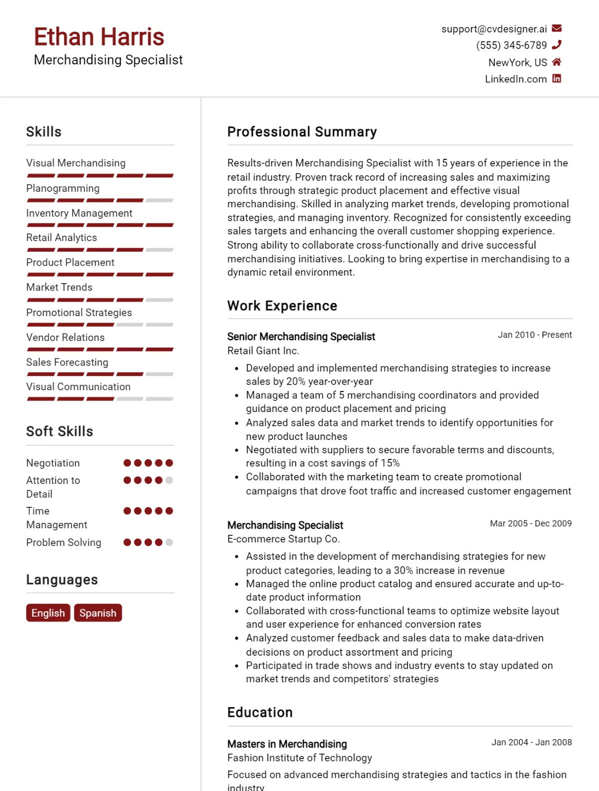 Merchandising Specialist CV Example For 2026: Examples & Free Templates Preview