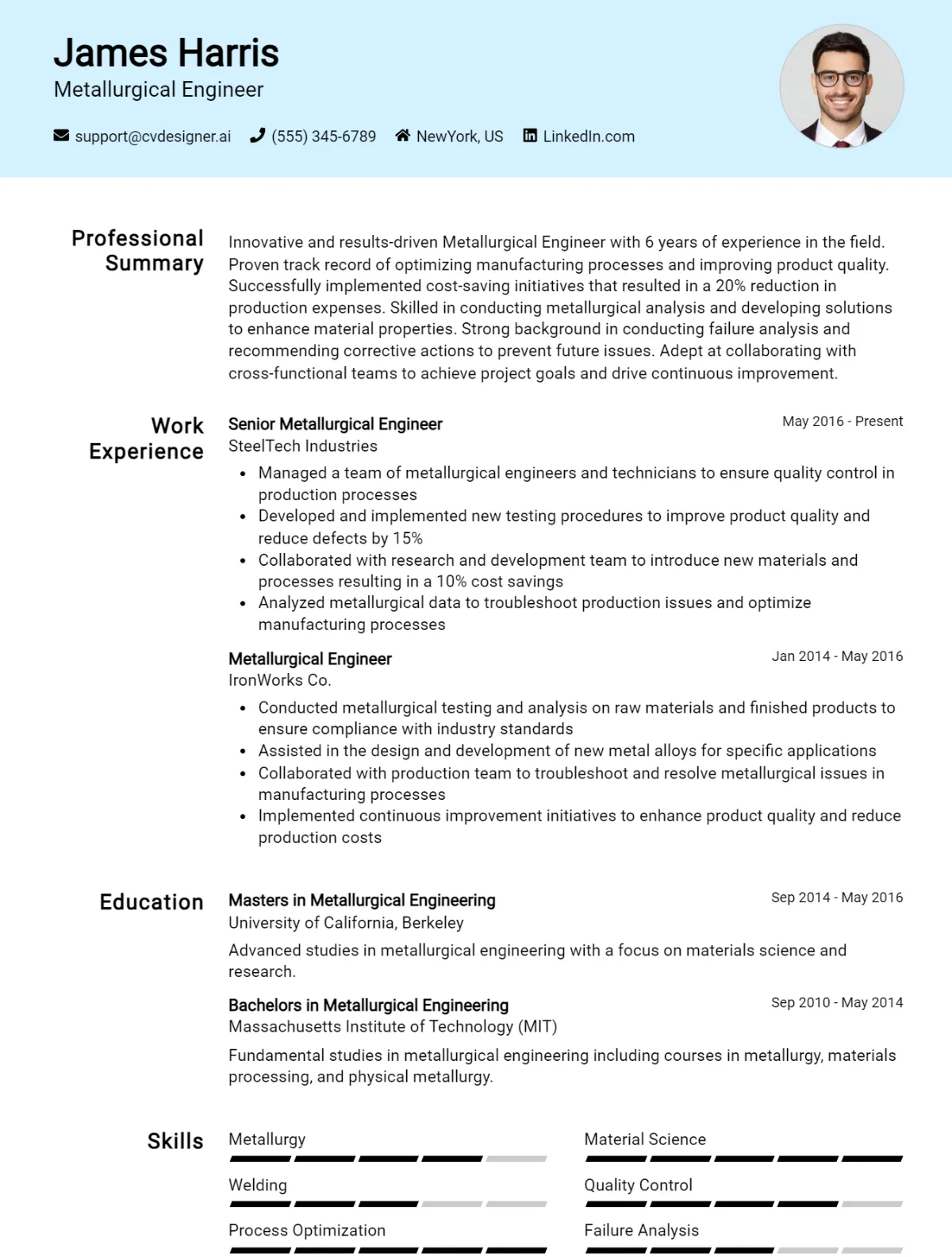 Metallurgical Engineer CV Example For 2026: How to Create a Professional CV Preview