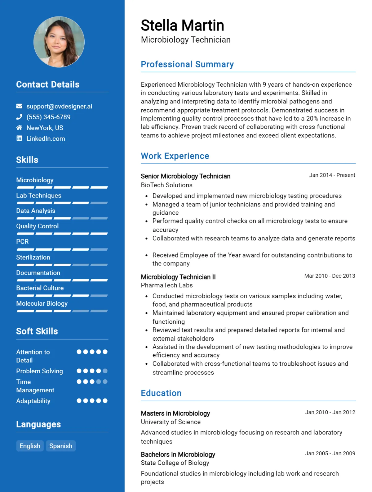 Microbiology Technician CV Example For 2026: Free Downloadable Templates Preview