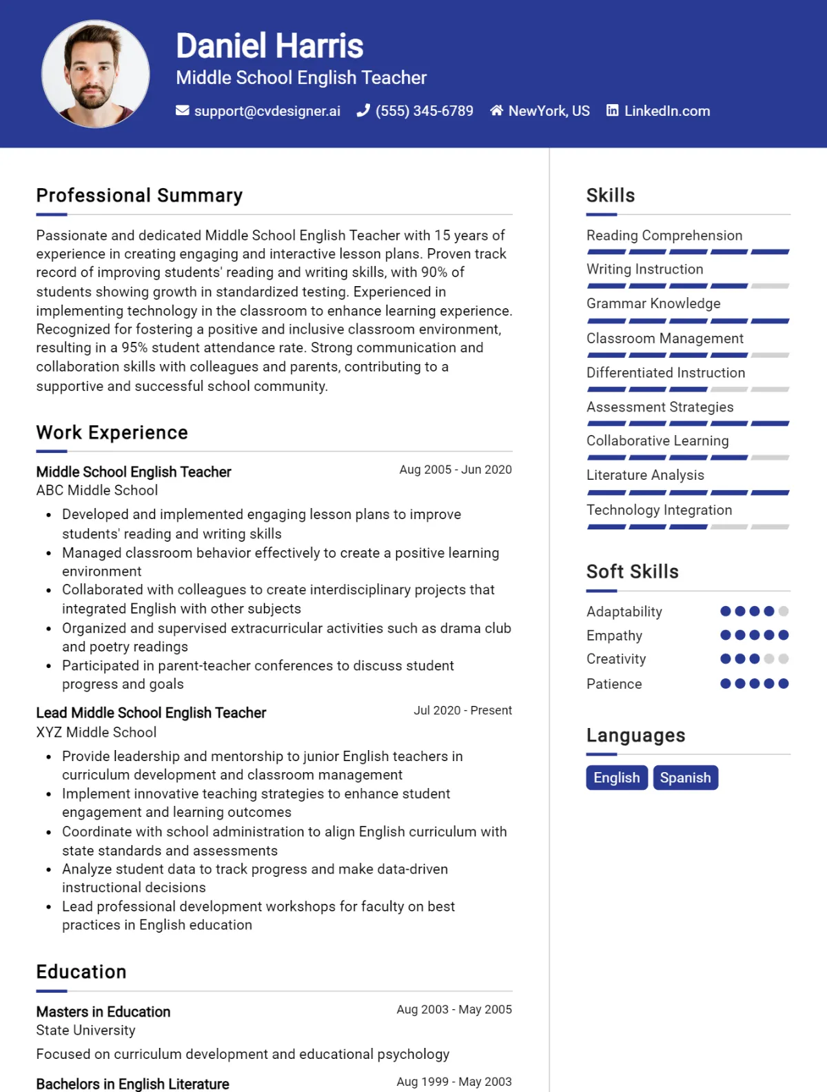 Middle School English Teacher CV Example For 2026: Proven Tips & Templates Preview