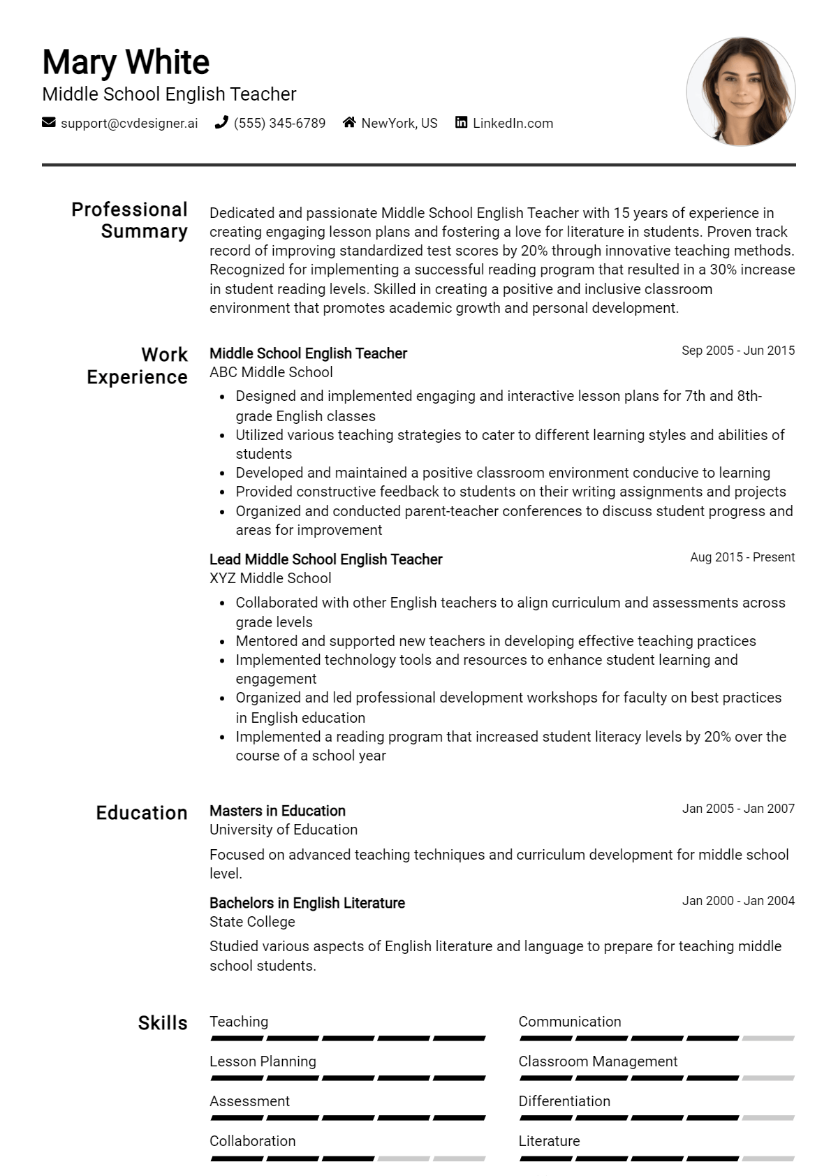 Middle School English Teacher Resume Example for 2026: How to Create a Professional CV Preview