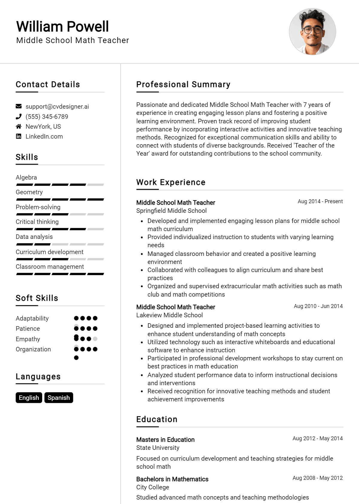 Middle School Math Teacher Resume Example for 2026: Free Downloadable Templates Preview