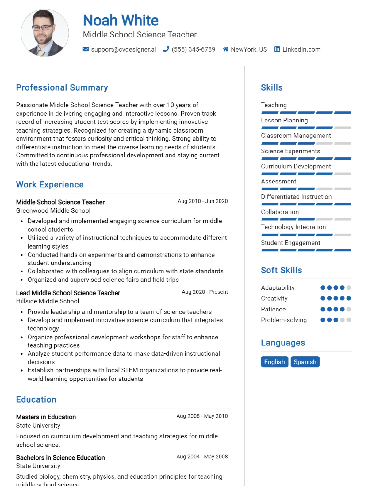 Middle School Science Teacher CV Example For 2026: Top CV Skills Preview