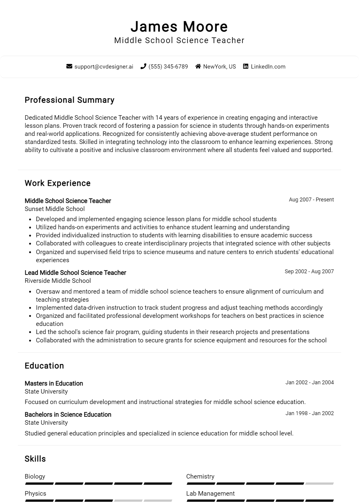 Middle School Science Teacher Resume Example for 2026: Professional CV Templates Preview