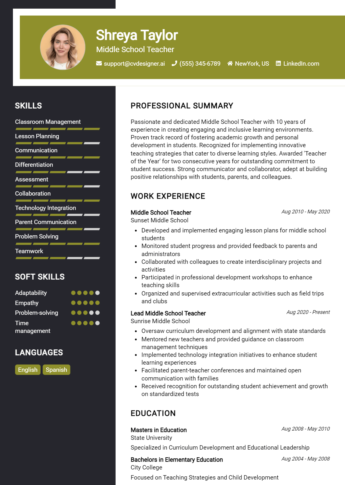 Middle School Teacher Resume Example for 2026: How to Craft a Winning CV Preview