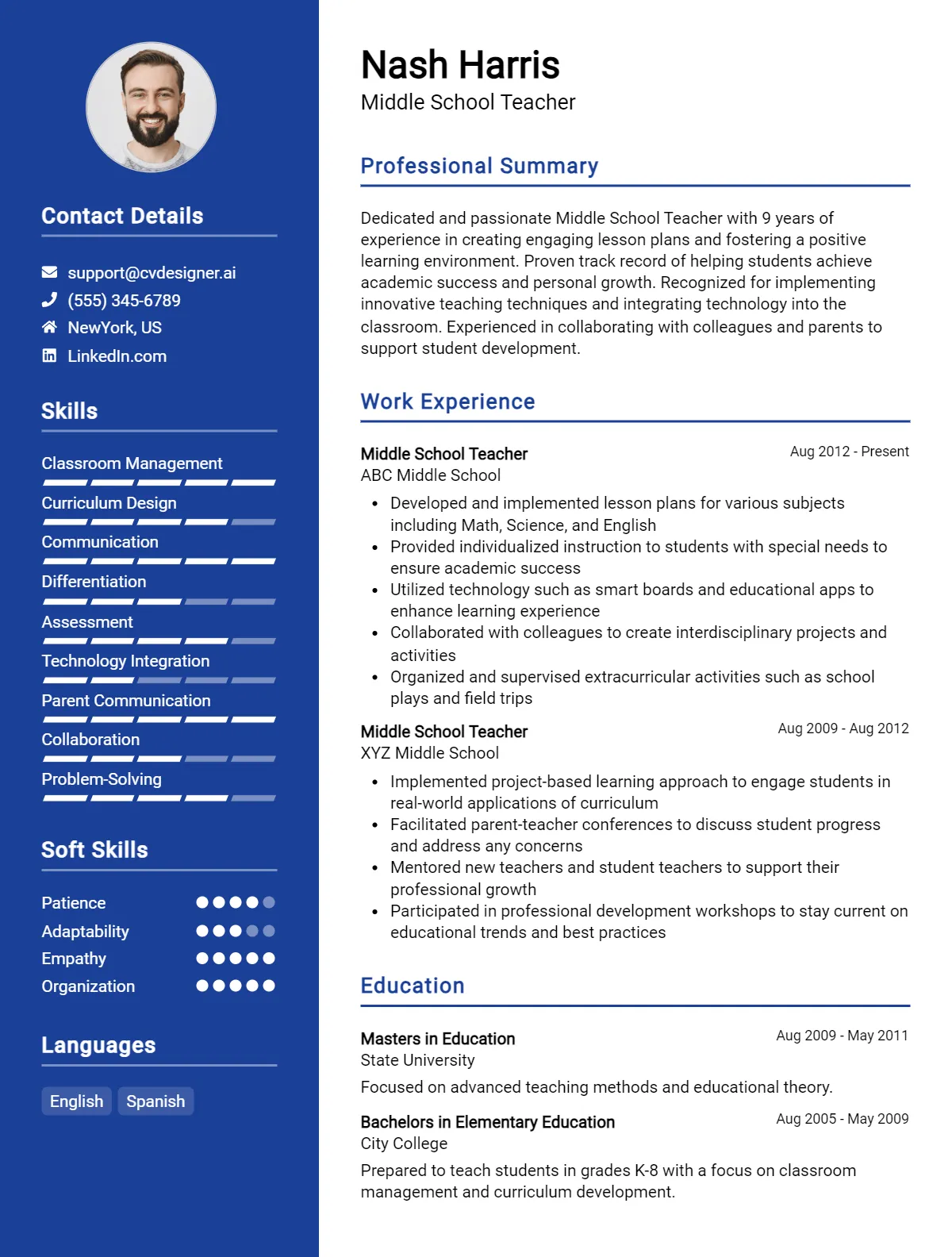 5 Middle School Teacher CV Examples For 2026: Free Download Preview
