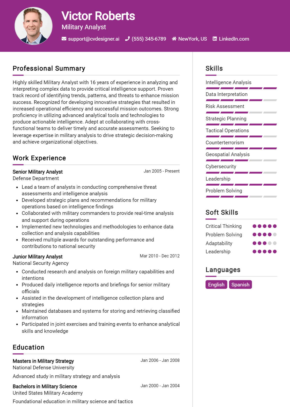 Military Analyst Resume Example for 2026: Top Templates Preview