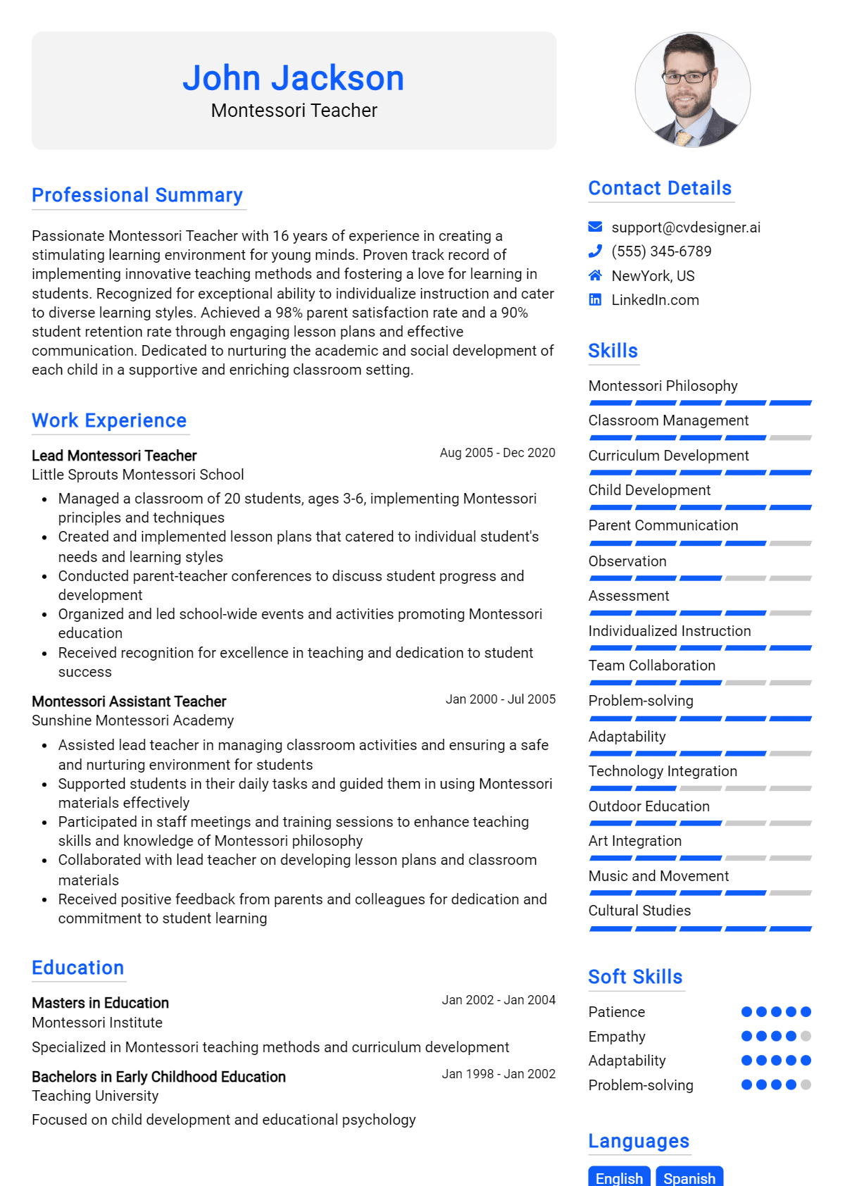 Montessori Teacher Resume Example for 2026: Free Guide Preview