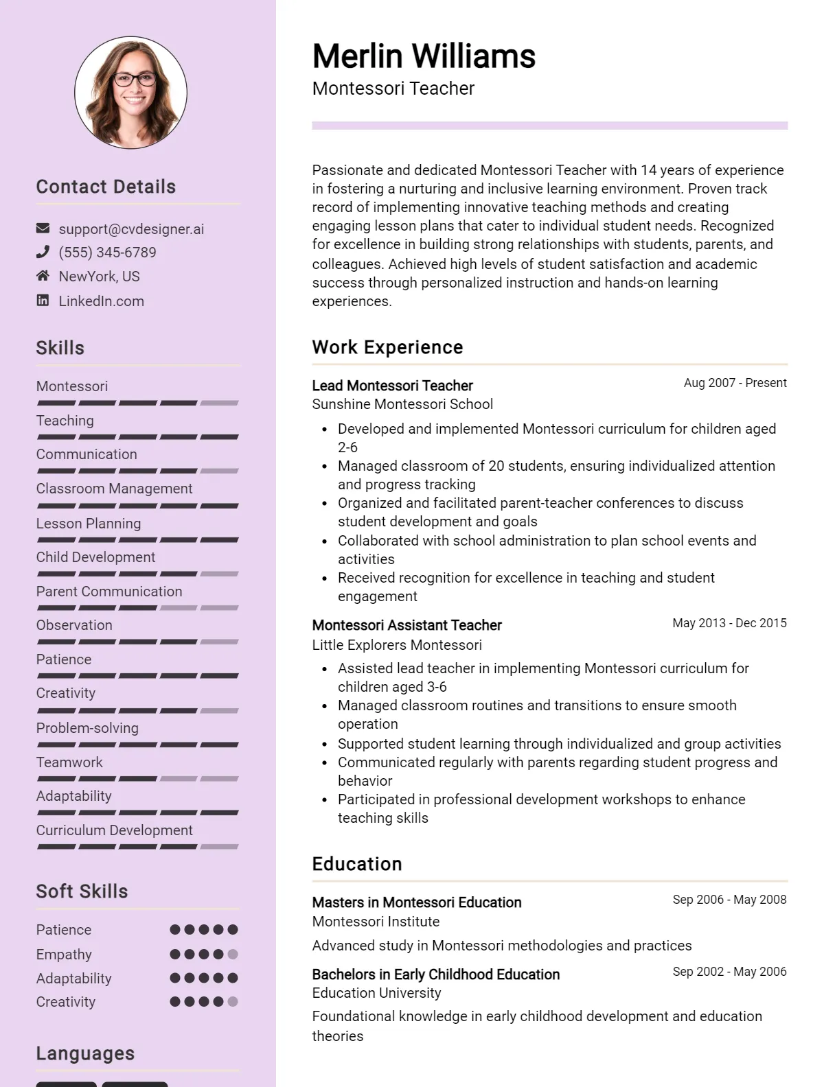 Montessori Teacher CV Example For 2026: Top CV Skills Preview