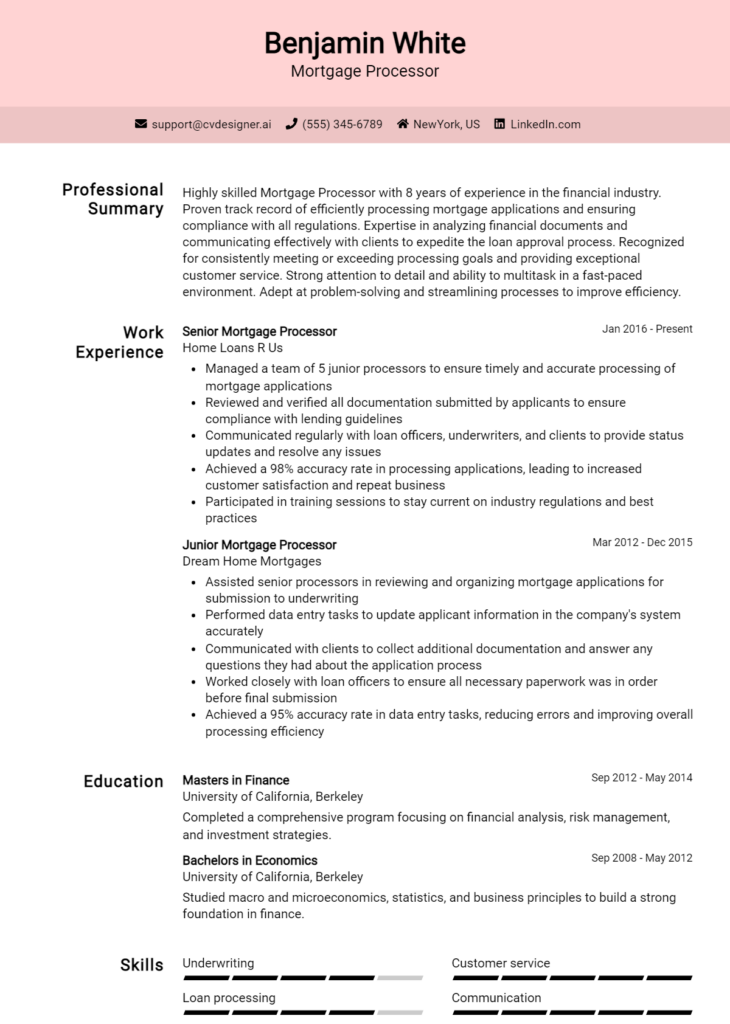 Mortgage Processor Resume Example
