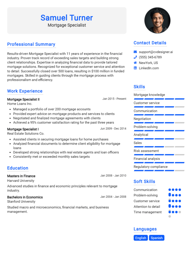 Mortgage Specialist Resume Example