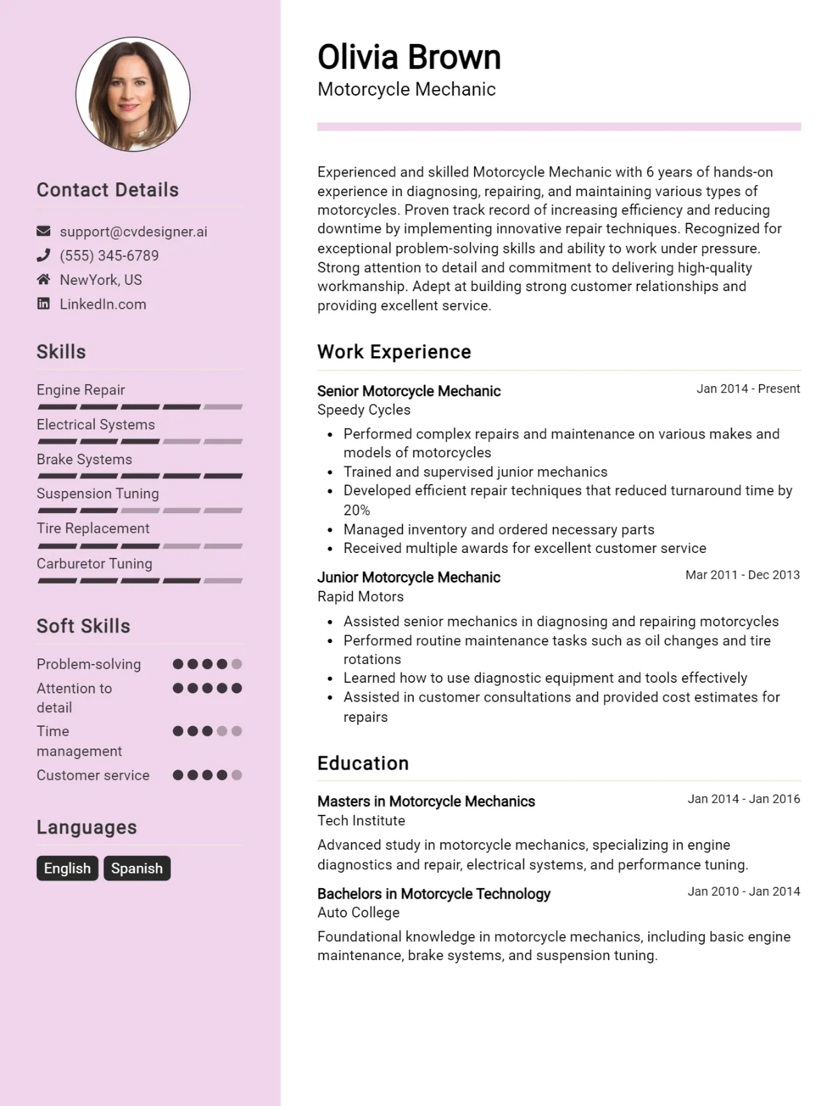 Motorcycle Mechanic CV Example For 2026: Examples & Free Templates Preview