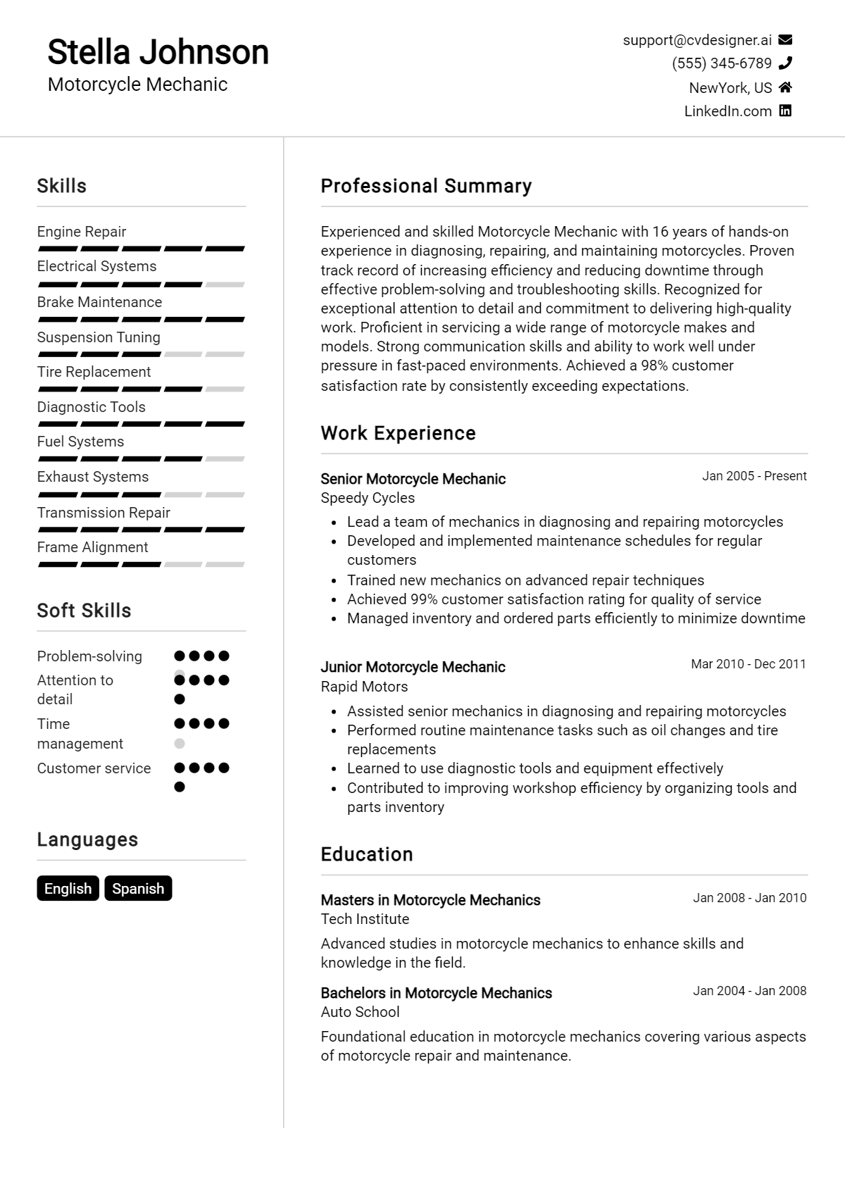Motorcycle Mechanic Resume Example for 2026: Professional CV Templates Preview