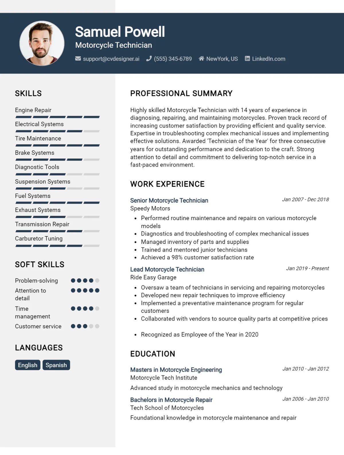 Motorcycle Technician CV Example For 2026: Examples & Free Templates Preview