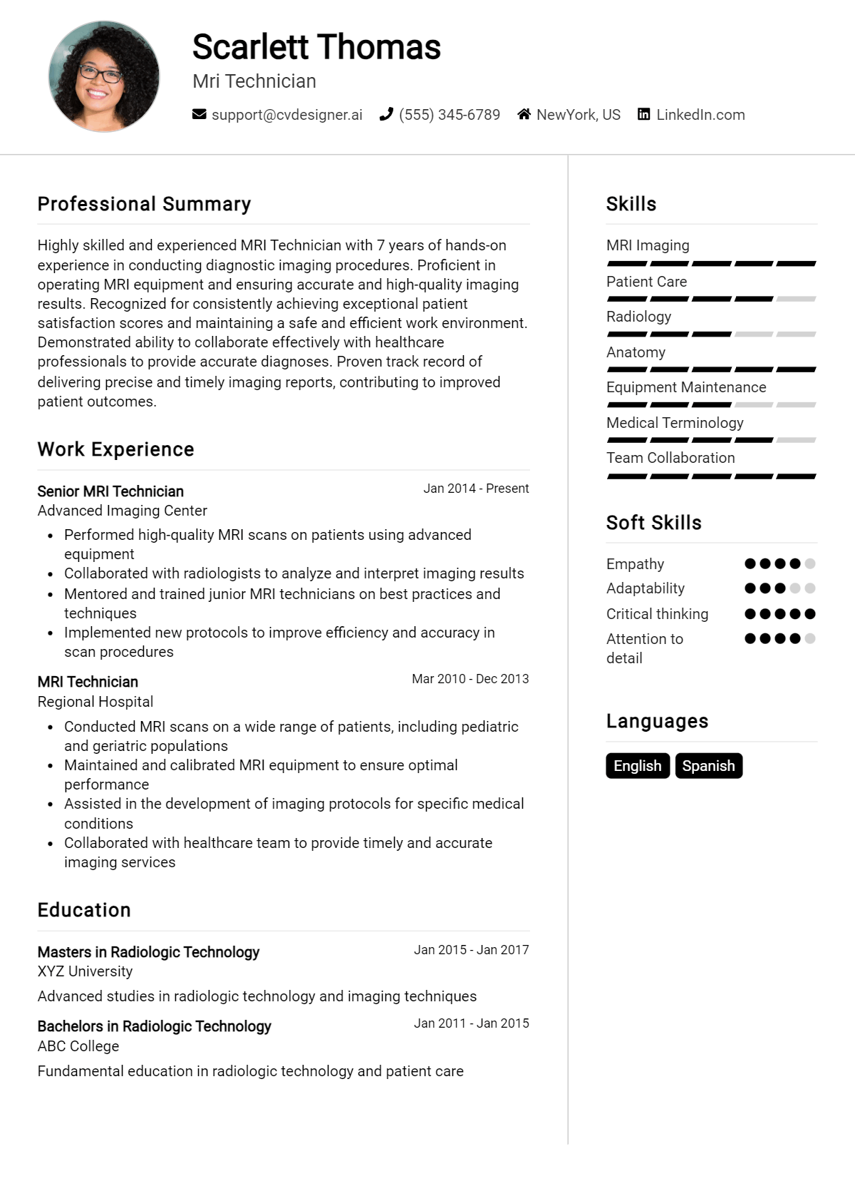 Mri Technician Resume Example for 2026: Professional CV Templates Preview