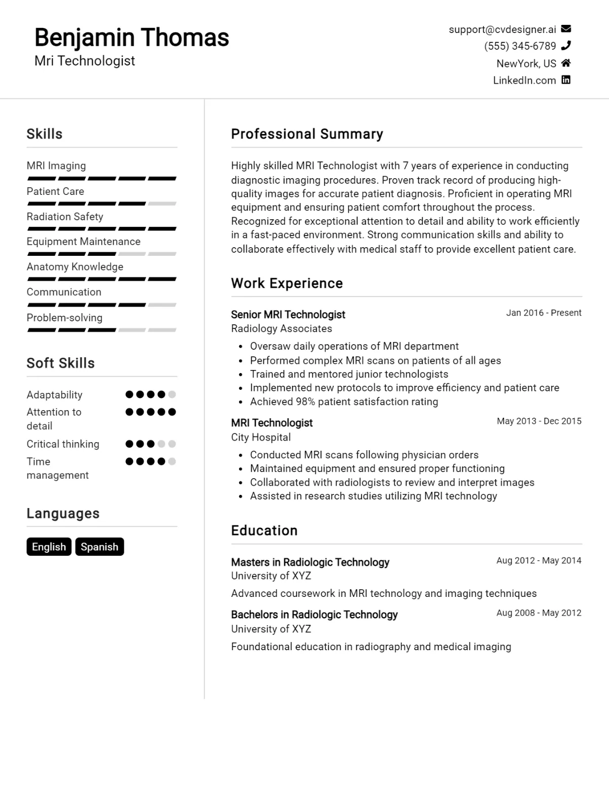 MRI Technologist CV Example For 2026: Ultimate Guide Preview