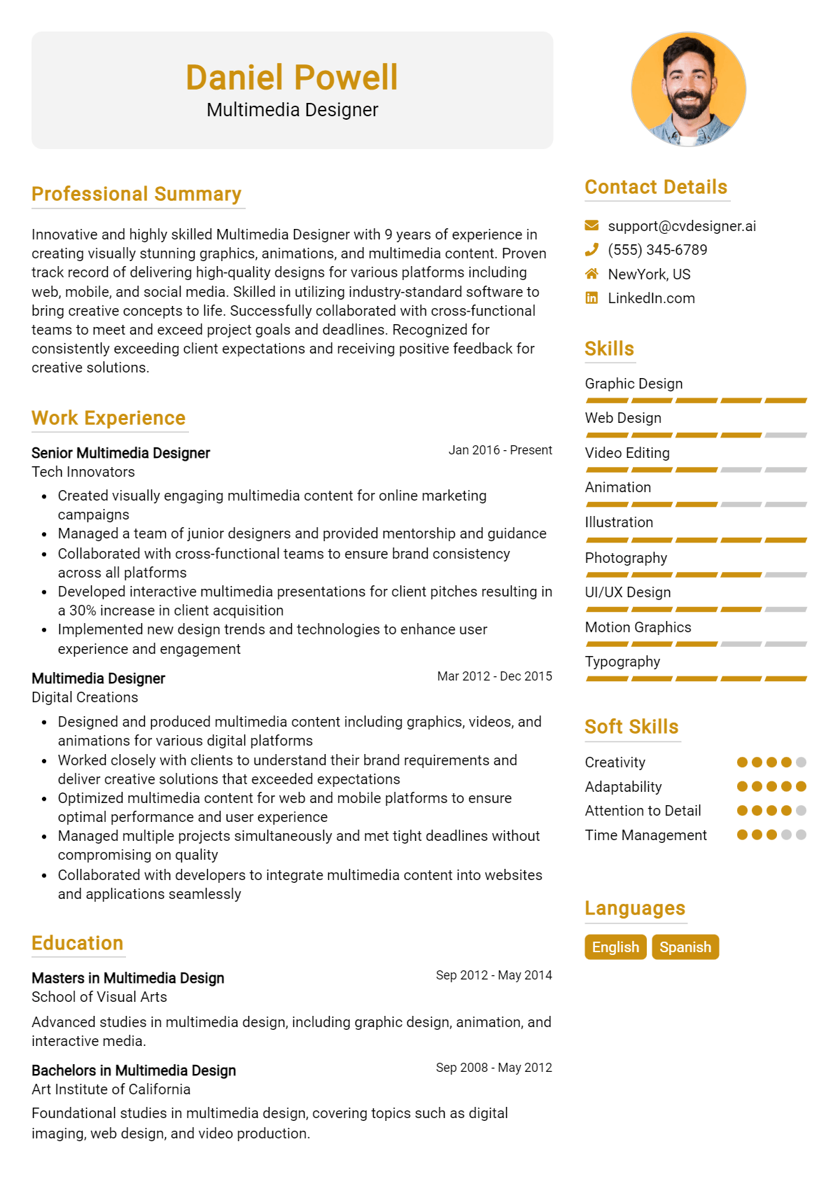 Multimedia Designer Resume Example for 2026: Free Examples Preview