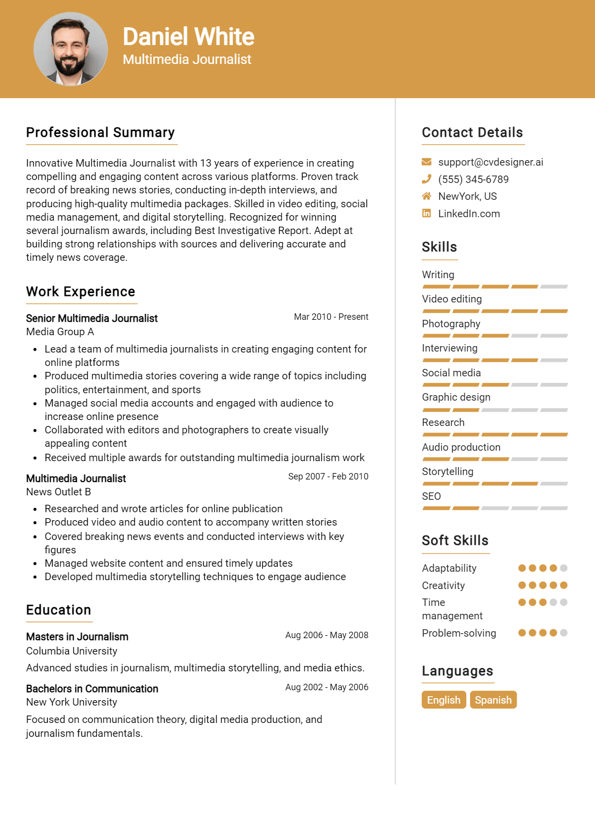 Multimedia Journalist Resume Example for 2026: Top Templates Preview